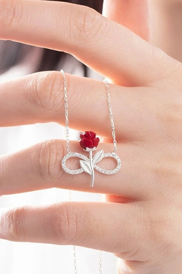 Collier Rose Rouge Infini Argent 925 Sterling — Pierre Blanche | Cadeau Romantique