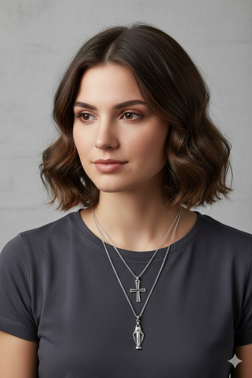 Set 2 Colliers Croix & Vierge Marie — Bijou Religieux Homme Style Urbain