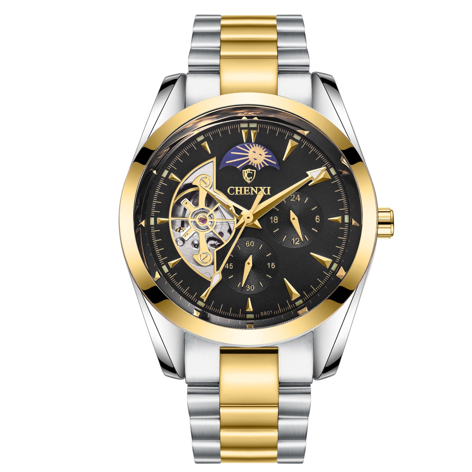 Montre Business Homme | Quartz Lumineux Phase de Lune Acier