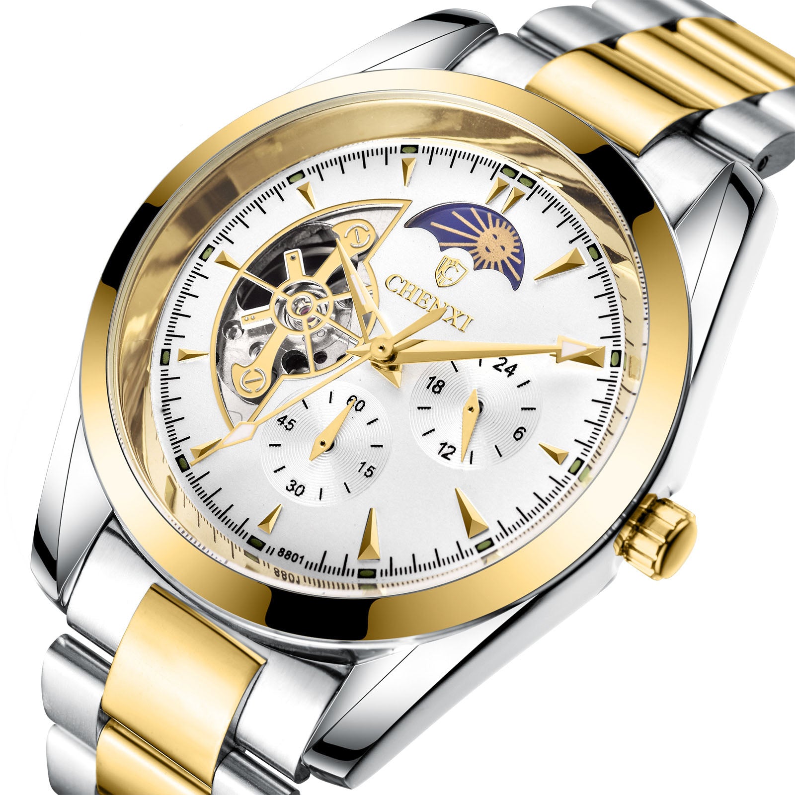 Montre Business Homme | Quartz Lumineux Phase de Lune Acier