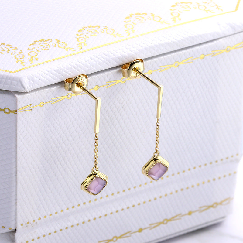 Sterling Silver Gold-Plated Square Amethyst Tassel Earrings