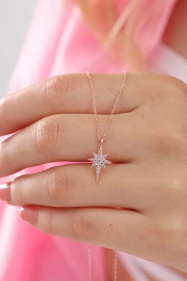 Collier Étoile Argent 925 Sterling Plaqué Or Rose — Pierres Zircon | Bijou Femme