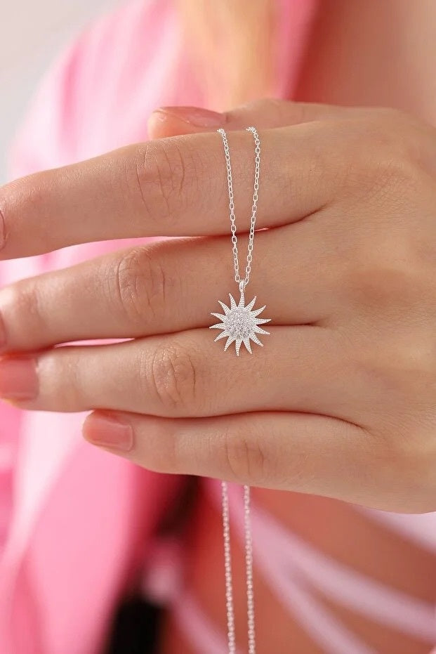 Collier Pendentif Soleil Argent 925 Sterling — Pierre Zircon Blanc | Bijou Femme