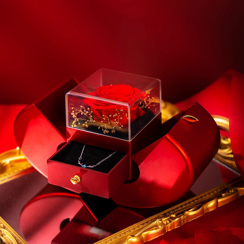 Coffret Cadeau Rose Éternelle & Collier | Boîte Bijoux Pomme