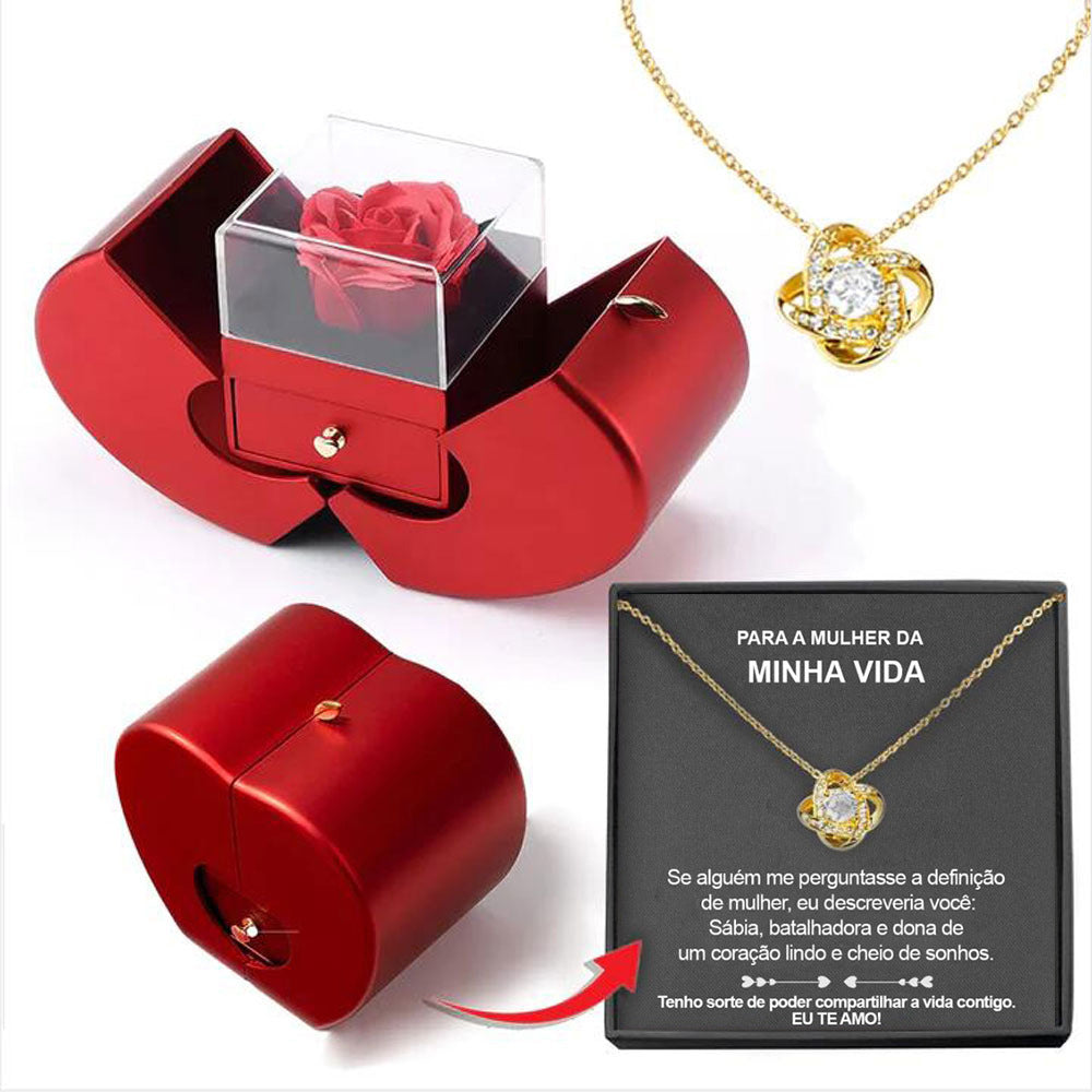 Coffret Cadeau Rose Éternelle & Collier | Boîte Bijoux Pomme