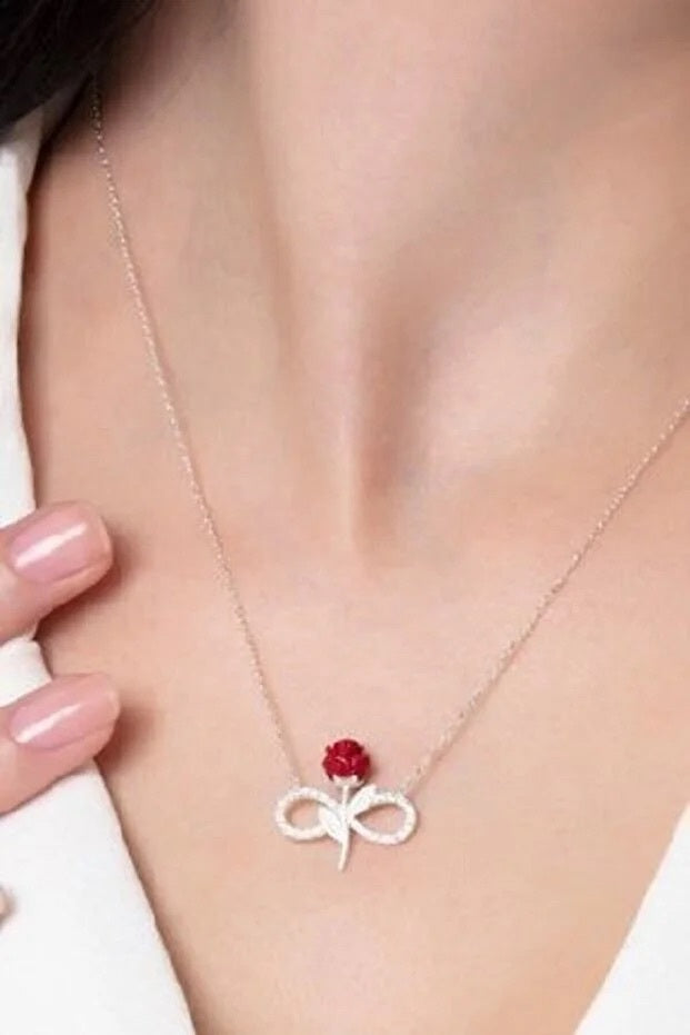 Collier Rose Rouge Infini Argent 925 Sterling — Pierre Blanche | Cadeau Romantique