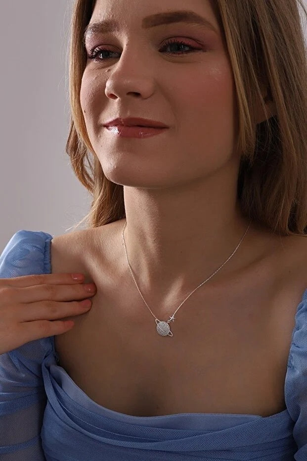 Collier Pendentif Saturne Argent 925 Sterling — Pierre Zircon Blanc | Bijou Femme