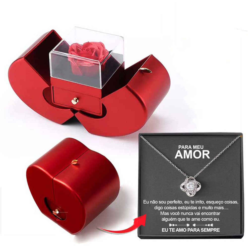 Coffret Cadeau Rose Éternelle & Collier | Boîte Bijoux Pomme
