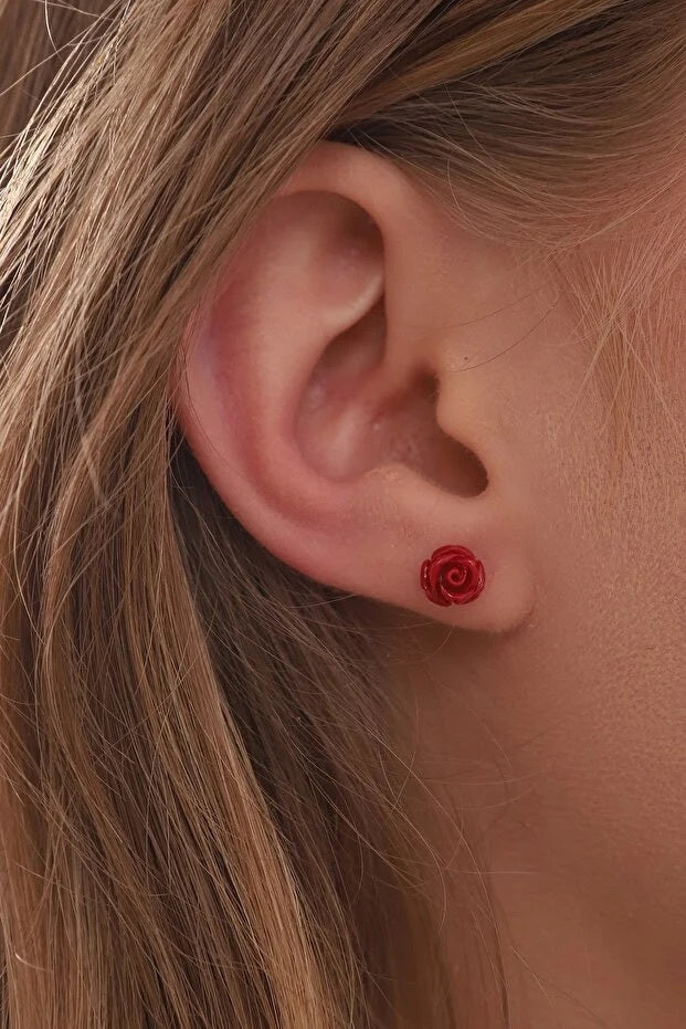 Boucles d'Oreilles Rose Rouge Plaquées Or — Argent 925 Sterling | Cadeau Romantique