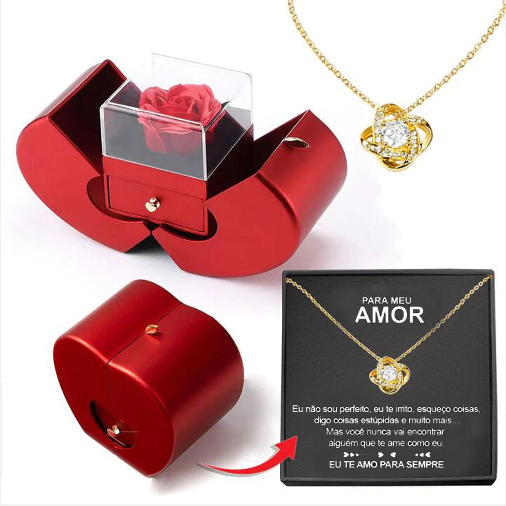 Coffret Cadeau Rose Éternelle & Collier | Boîte Bijoux Pomme