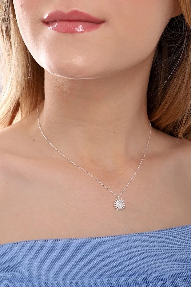 Collier Pendentif Soleil Argent 925 Sterling — Pierre Zircon Blanc | Bijou Femme