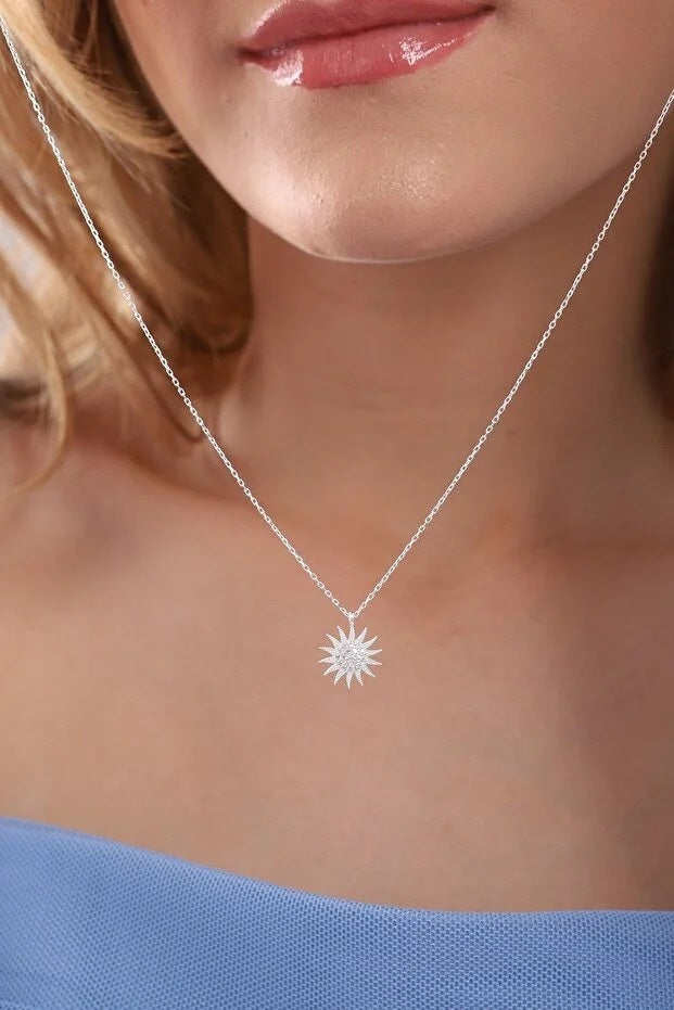 Collier Pendentif Soleil Argent 925 Sterling — Pierre Zircon Blanc | Bijou Femme