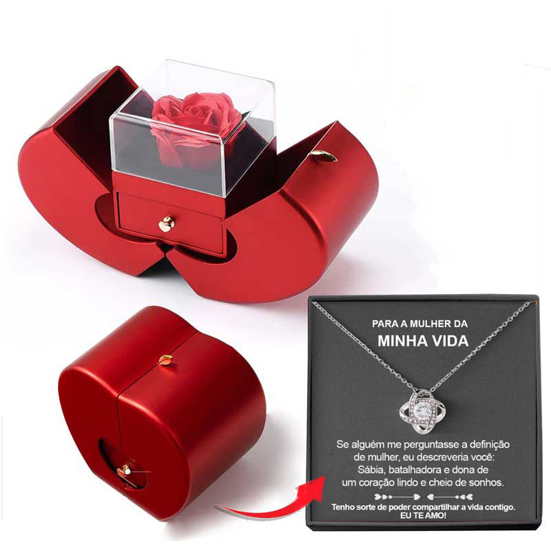 Coffret Cadeau Rose Éternelle & Collier | Boîte Bijoux Pomme