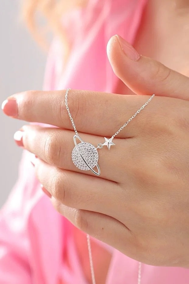 Collier Pendentif Saturne Argent 925 Sterling — Pierre Zircon Blanc | Bijou Femme