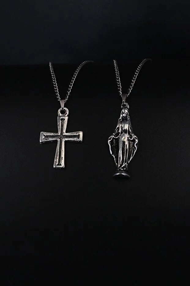 Set 2 Colliers Croix & Vierge Marie — Bijou Religieux Homme Style Urbain