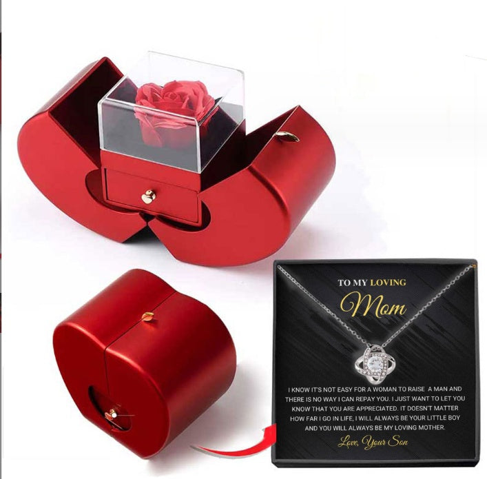 Coffret Cadeau Rose Éternelle & Collier | Boîte Bijoux Pomme