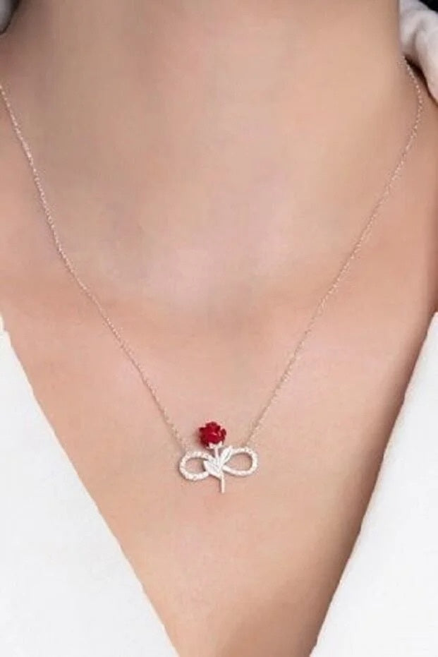 Collier Rose Rouge Infini Argent 925 Sterling — Pierre Blanche | Cadeau Romantique