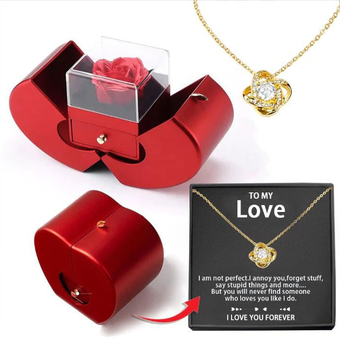 Coffret Cadeau Rose Éternelle & Collier | Boîte Bijoux Pomme