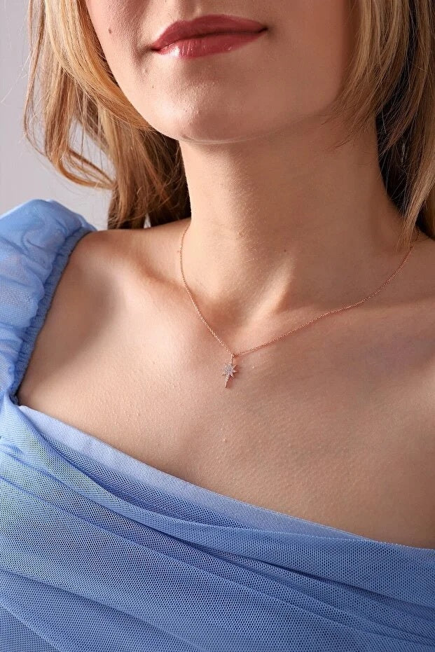 Collier Étoile Argent 925 Sterling Plaqué Or Rose — Pierres Zircon | Bijou Femme