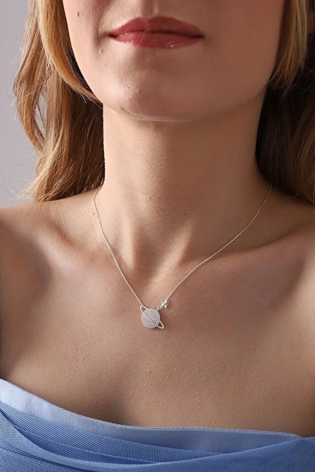 Collier Pendentif Saturne Argent 925 Sterling — Pierre Zircon Blanc | Bijou Femme