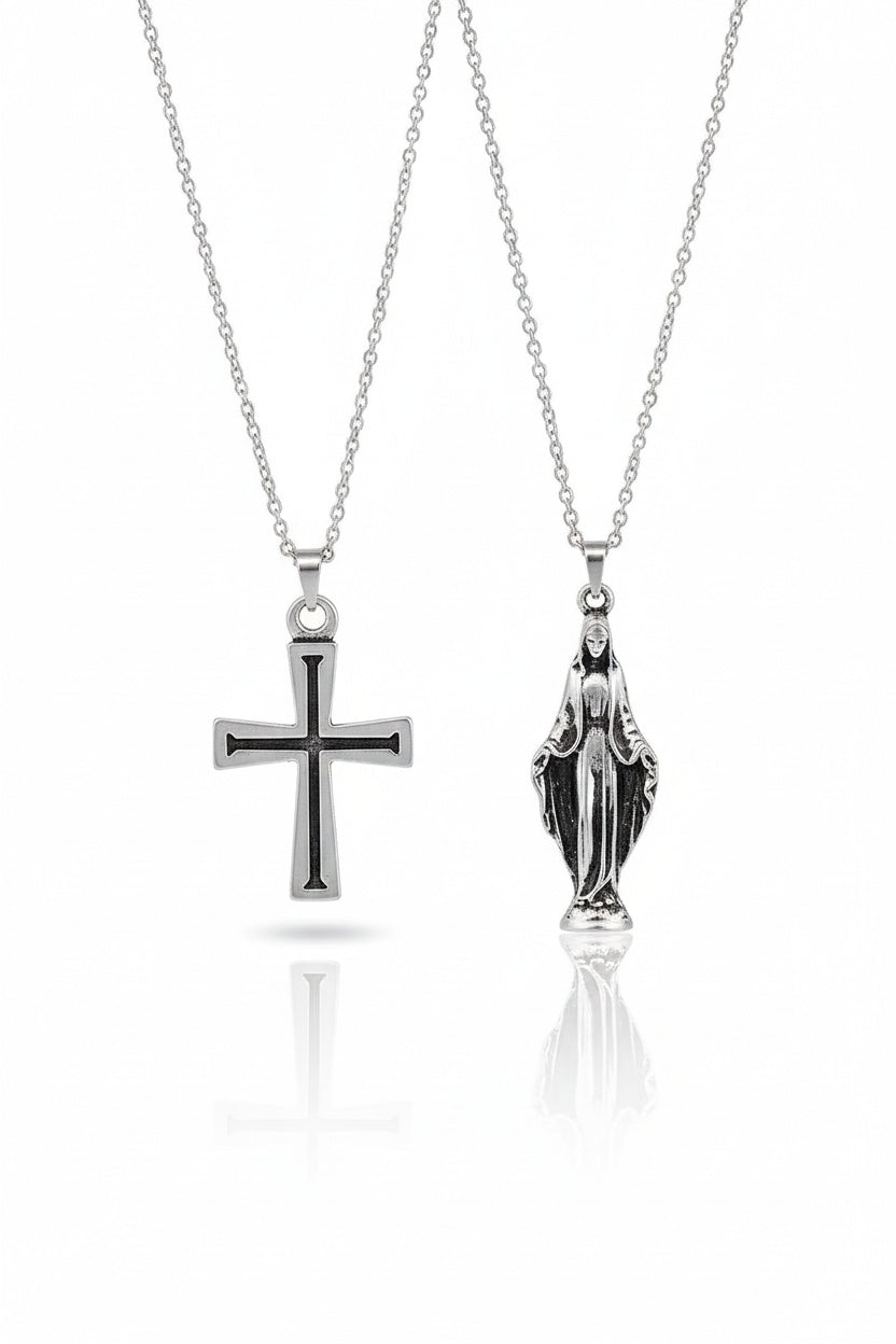 Set 2 Colliers Croix & Vierge Marie — Bijou Religieux Homme Style Urbain
