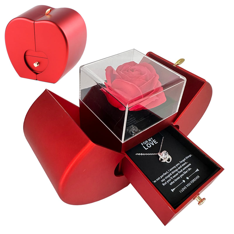 Coffret Cadeau Rose Éternelle & Collier | Boîte Bijoux Pomme