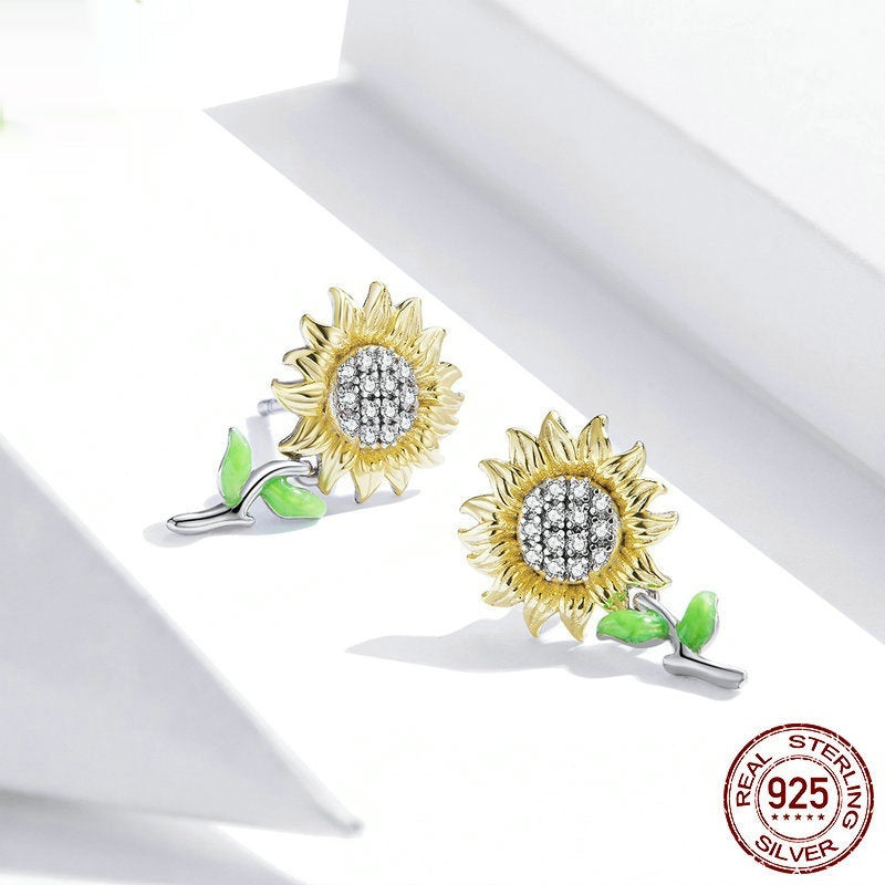 Sunflower S925 Silver Stud Earrings Plated With Real Gold