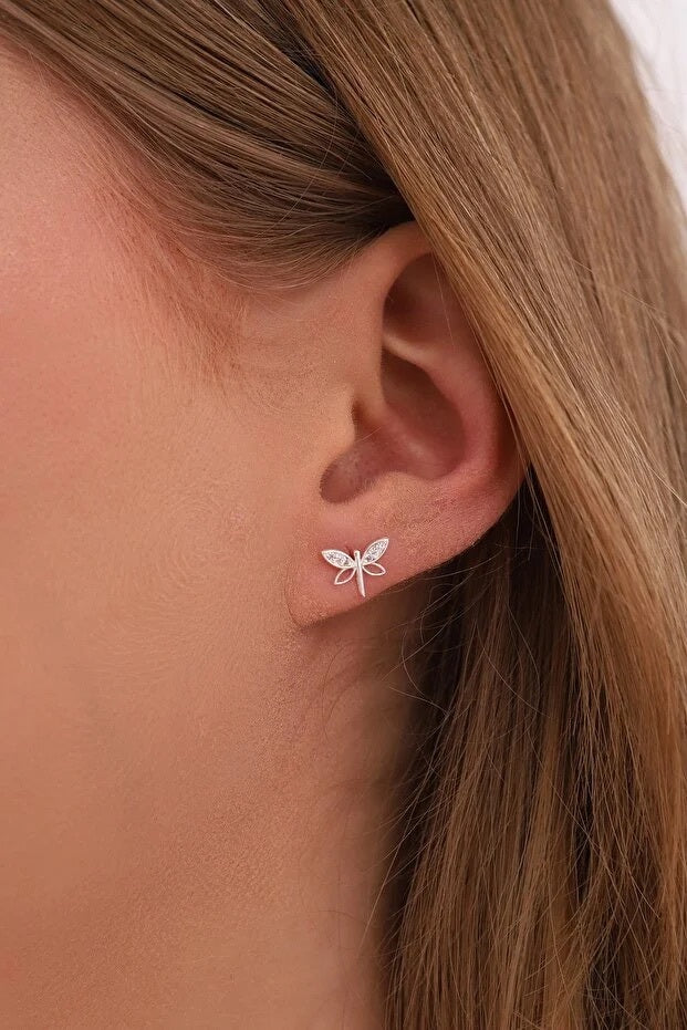 Boucles d'Oreilles Libellule Argent 925 Sterling — Pierre Zircon Blanc | Femme