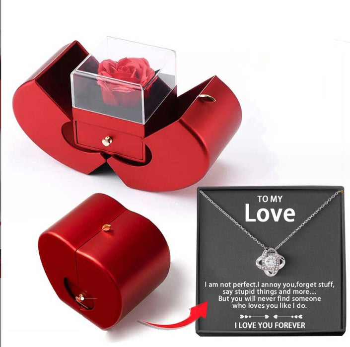 Coffret Cadeau Rose Éternelle & Collier | Boîte Bijoux Pomme